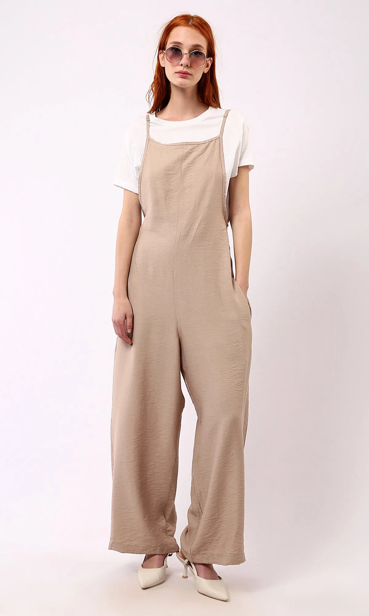 O181650 Square Neck Sleeveless Trendy Relaxed Jumpsuit - Light Coffee