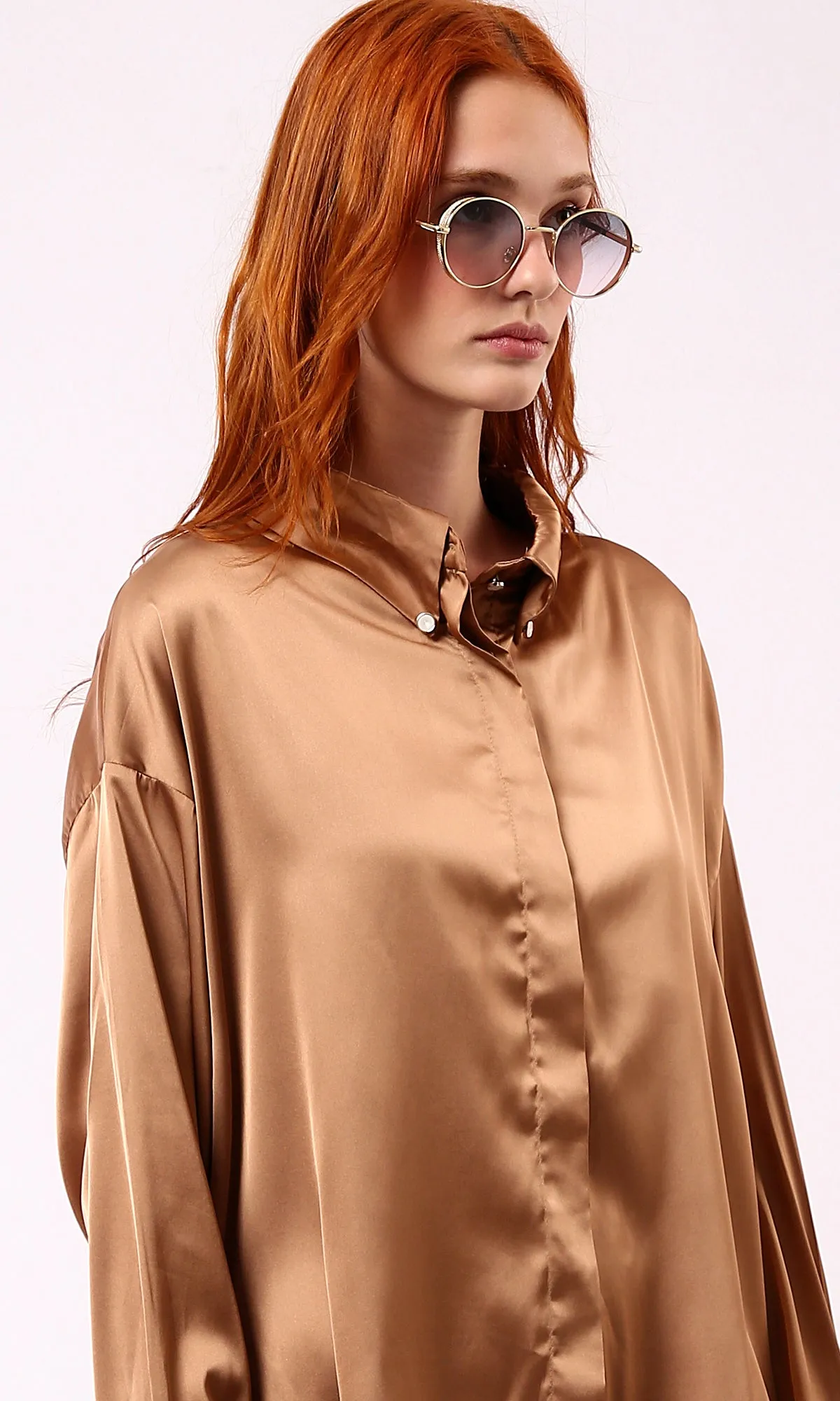 O181651 Shiny Copper Long Sleeves Solid Evening Shirt