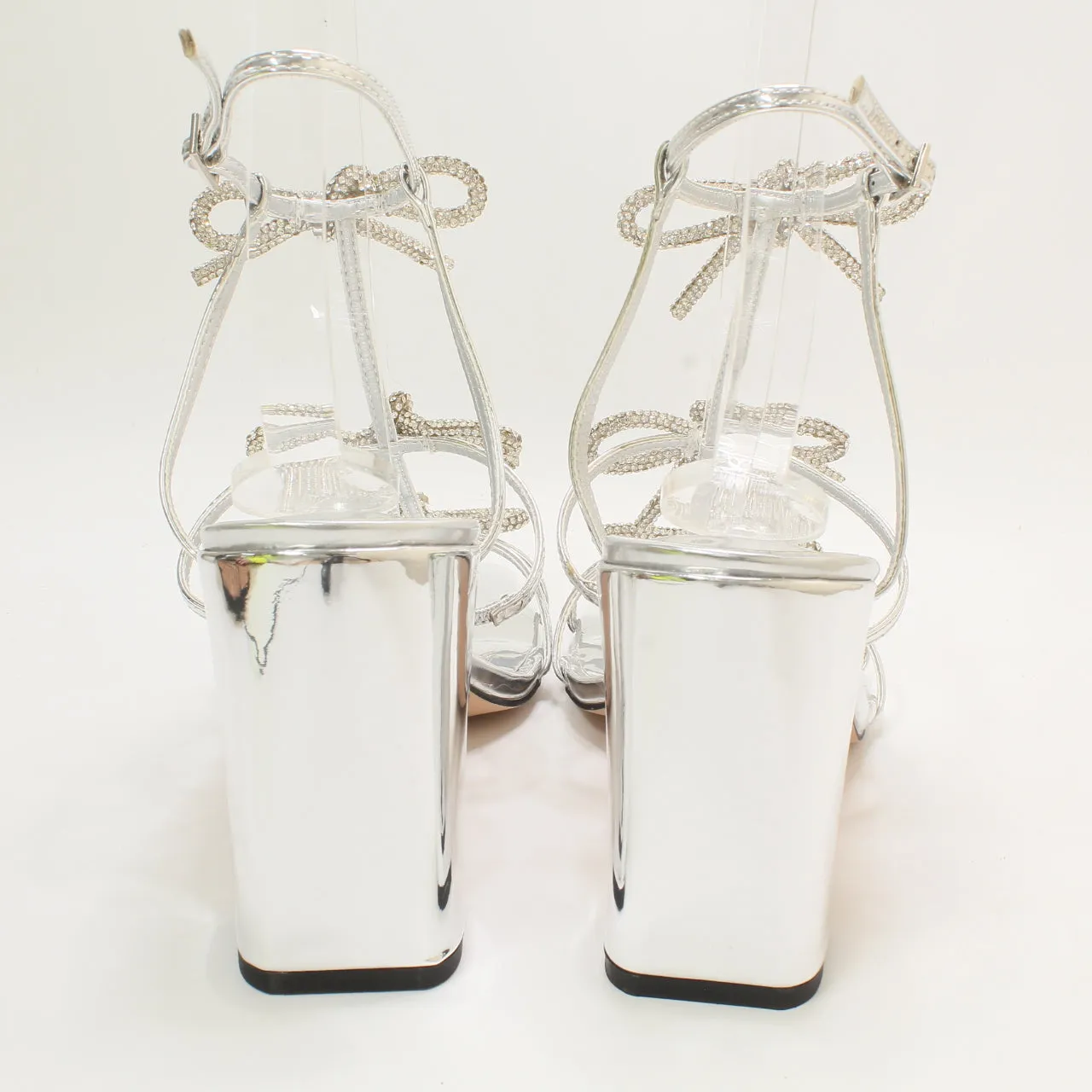 Odd Sizes - Womens Office Henley Bow Detail Block Heels Sandals Silver - UK Sizes Right 6/Left 7