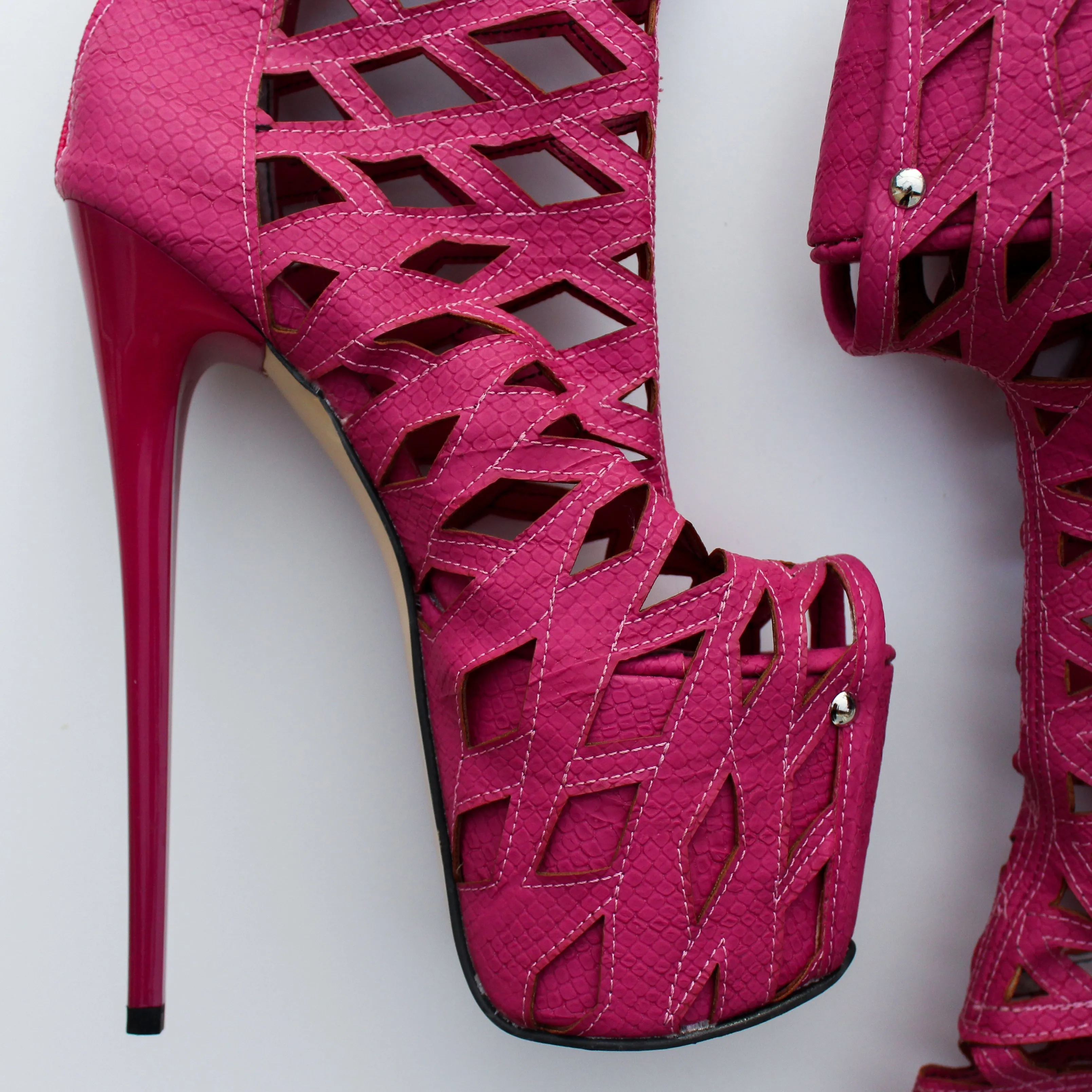 Pink Laser Cut Thigh High Boots