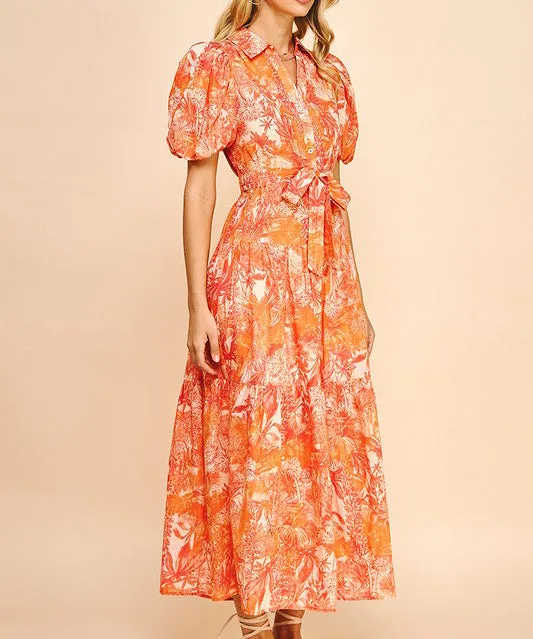 Printed Button Down Maxi Dress - Orange Multi