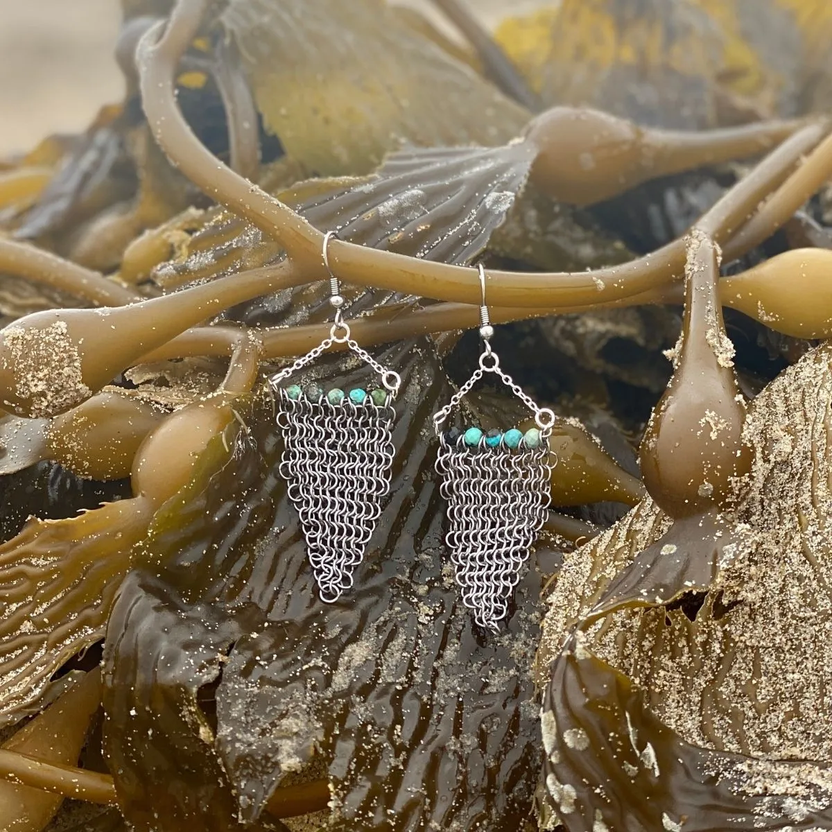 Repurposed Shark Chainmail Suit Earrings with Turquoise