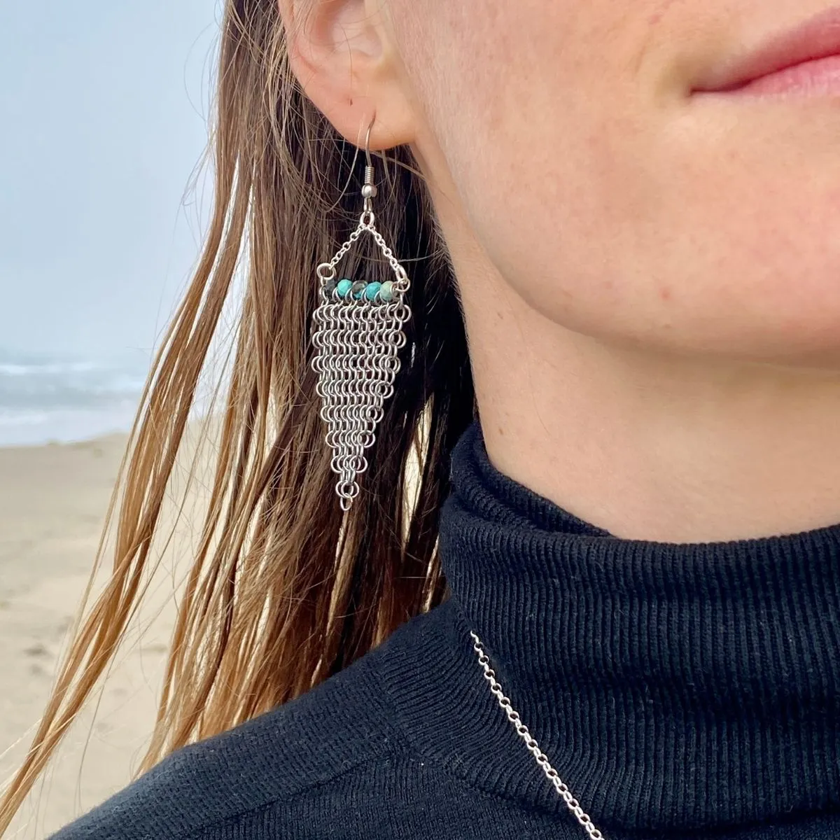 Repurposed Shark Chainmail Suit Earrings with Turquoise