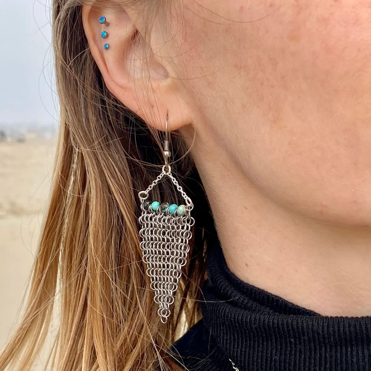 Repurposed Shark Chainmail Suit Earrings with Turquoise