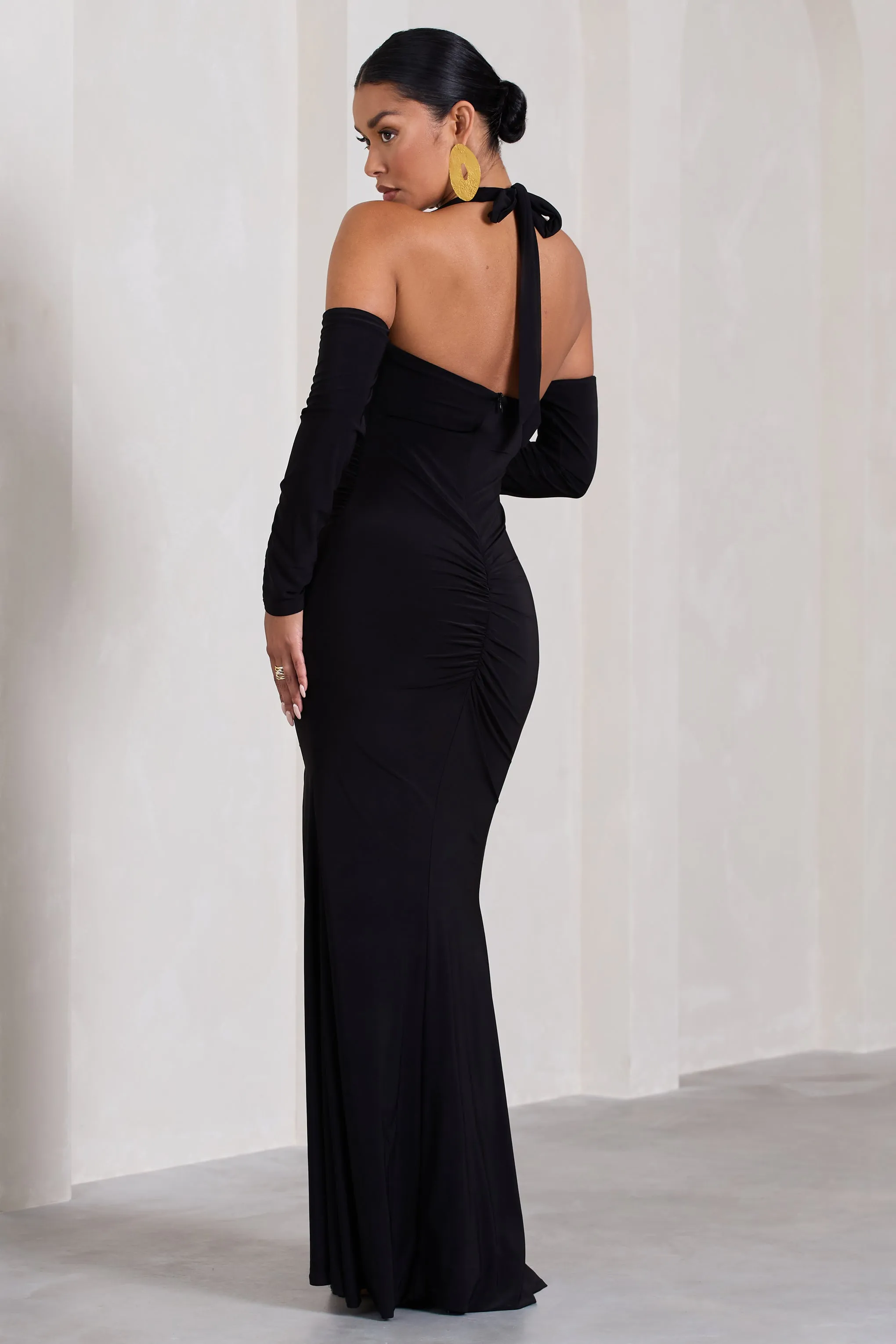 Solana | Black Halter-Neck Long-Sleeve Split Maternity Maxi Dress