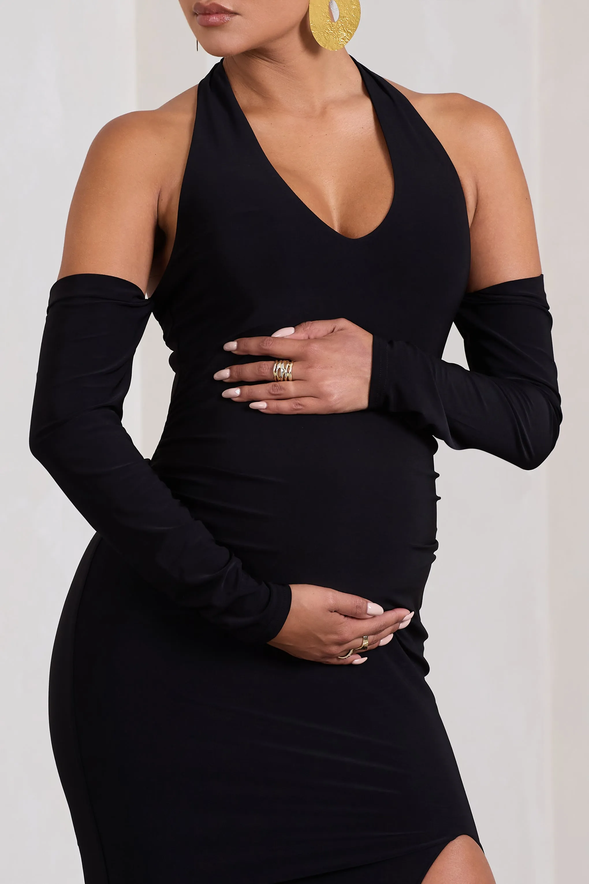 Solana | Black Halter-Neck Long-Sleeve Split Maternity Maxi Dress