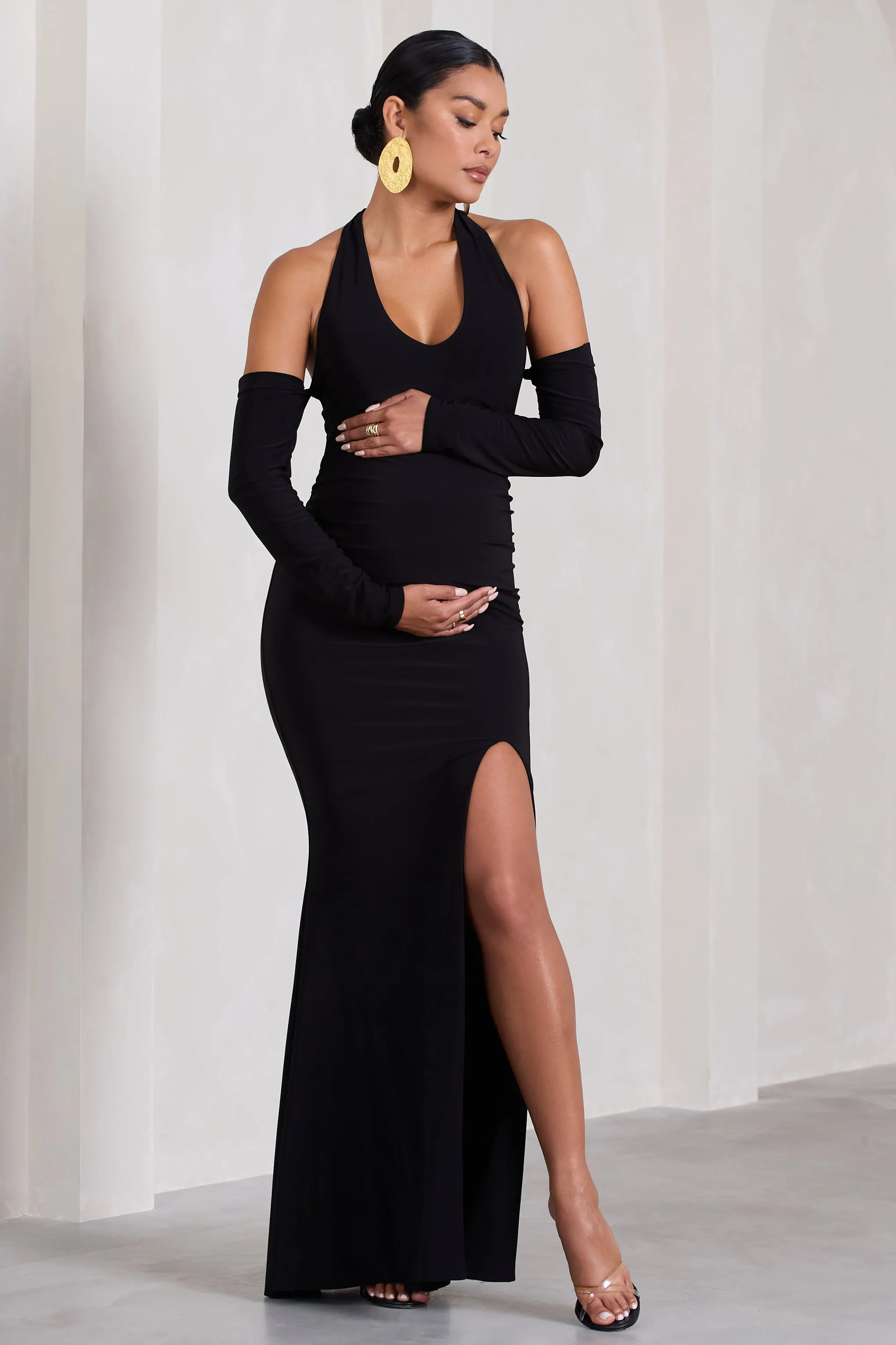 Solana | Black Halter-Neck Long-Sleeve Split Maternity Maxi Dress