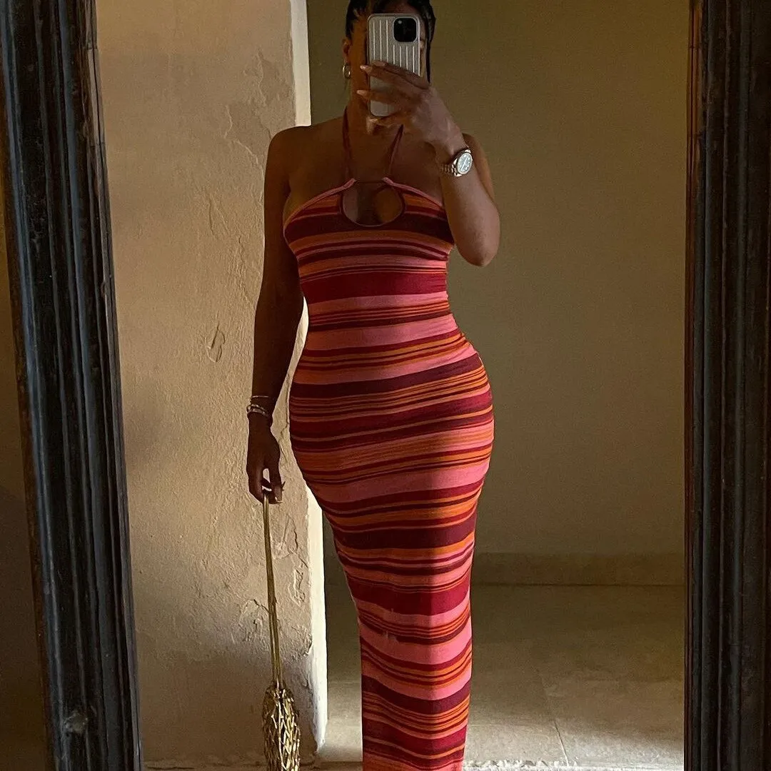 Stripe Halter Bodycon Maxi Dress