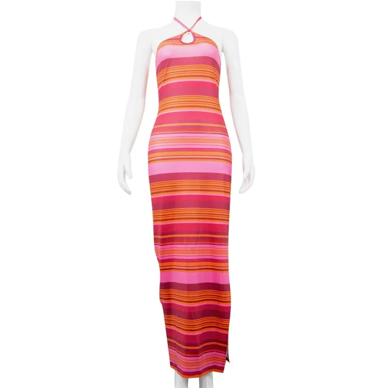 Stripe Halter Bodycon Maxi Dress