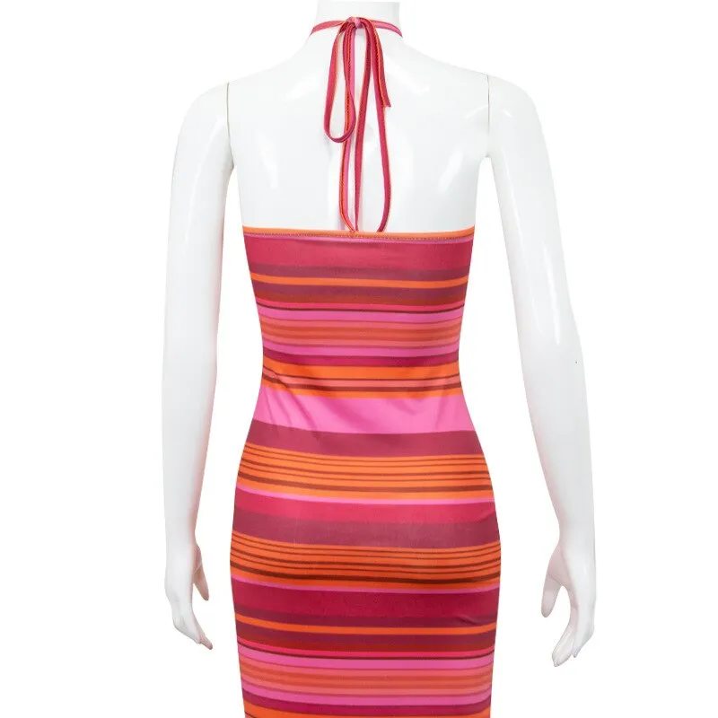 Stripe Halter Bodycon Maxi Dress