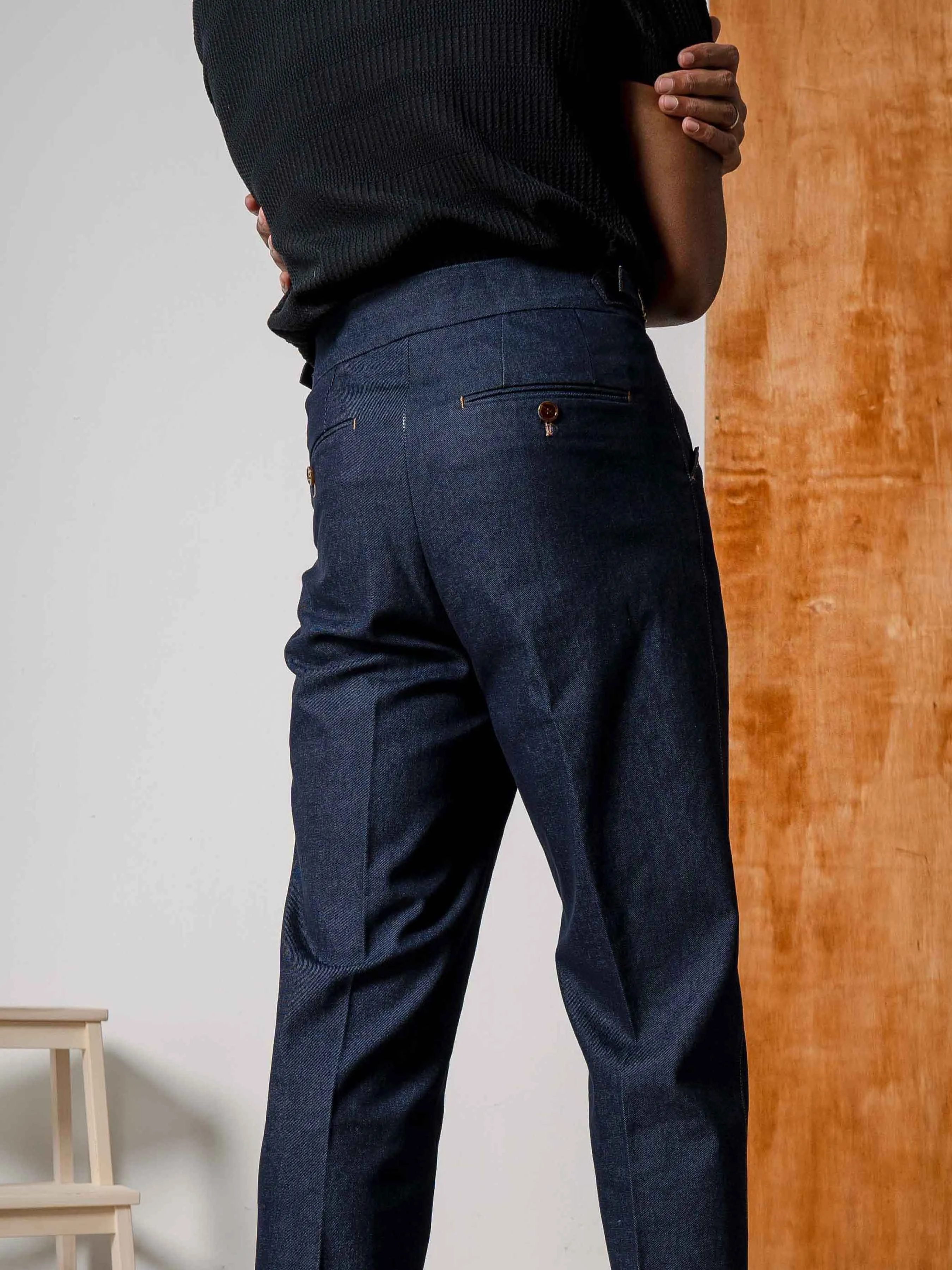 Tapered Fit Jeans With Side Adjusters - Navy Blue Cuffed