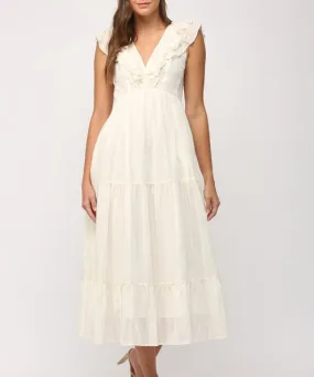 Tiered Midi Dress with Metallic Thread - Cream