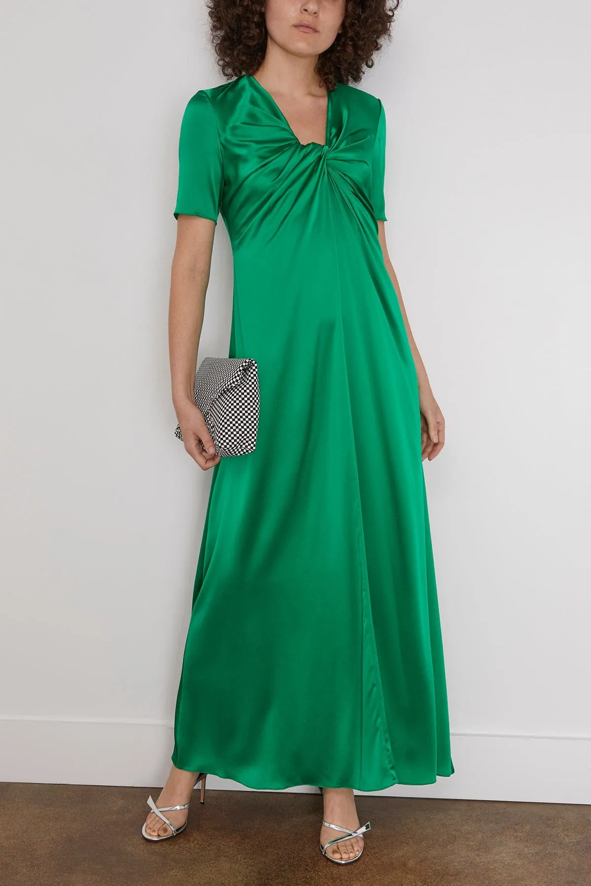 Twist Front Short Sleeve Gown in Emerald