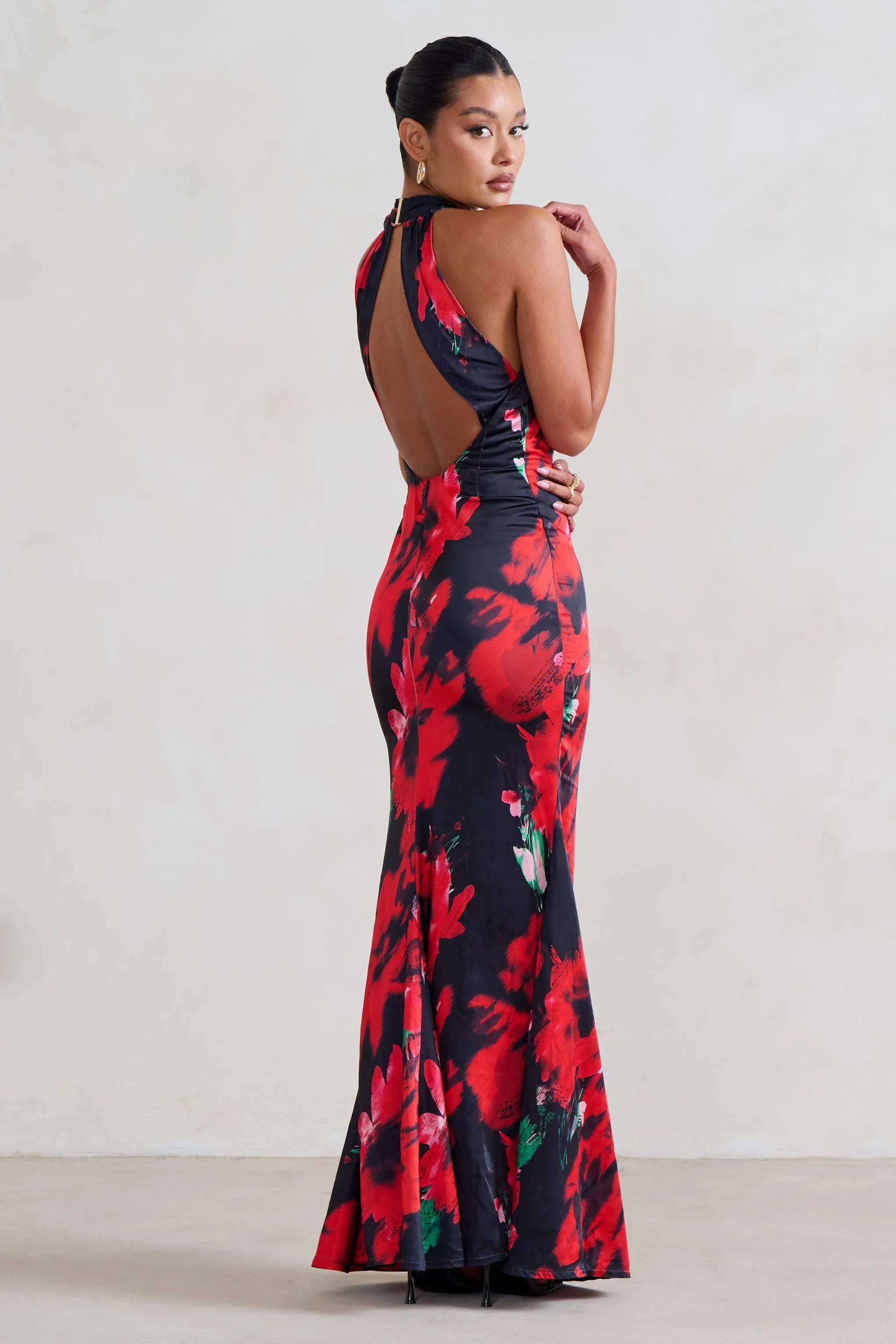 Unstoppable | Black Floral Cross Over Halter Neck Maxi Dress