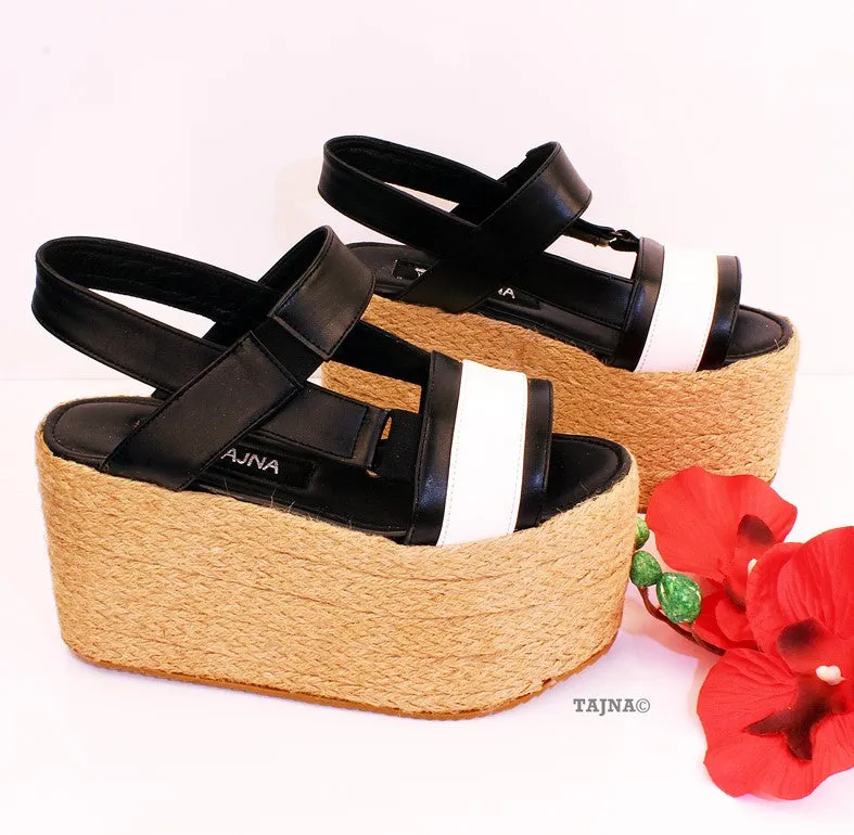 White Black Espadril Wedge Platform Sandals