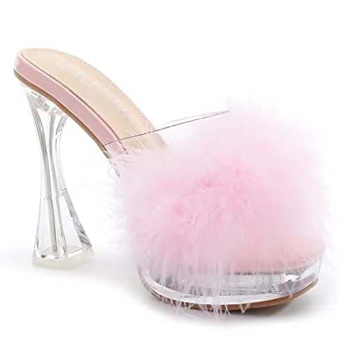 Women's Feather Heels Sandals - Fluffy Fur - Clear Strap Platform High Block Heel Slip On Square Toe Mules Pink 39-insolelength:24.5cm/9.65 inch - US 7.5