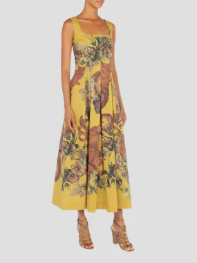 Yellow Floral Print Poplin Midi Dress